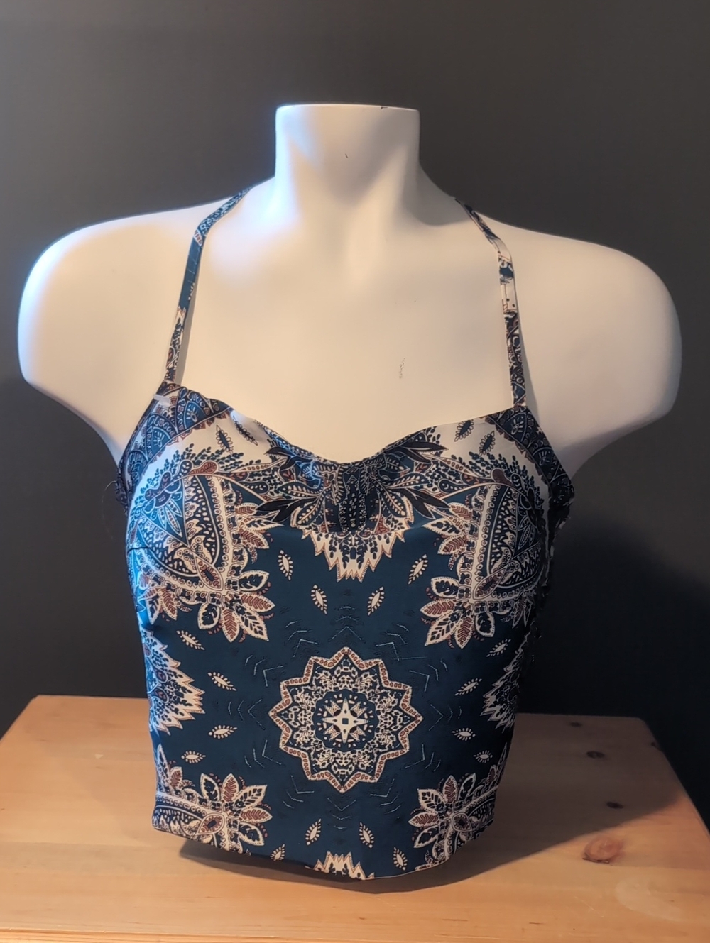 SHEIN Teal Paisley Halter Crop Cami